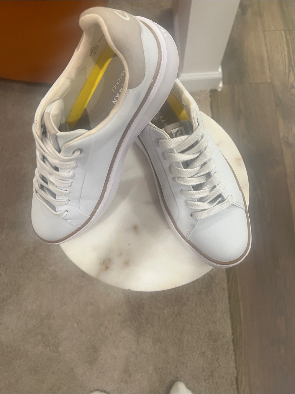 Cole Haan White Leather Sneakers with Yellow Insoles and Brown Trim - Picture 5 of 5